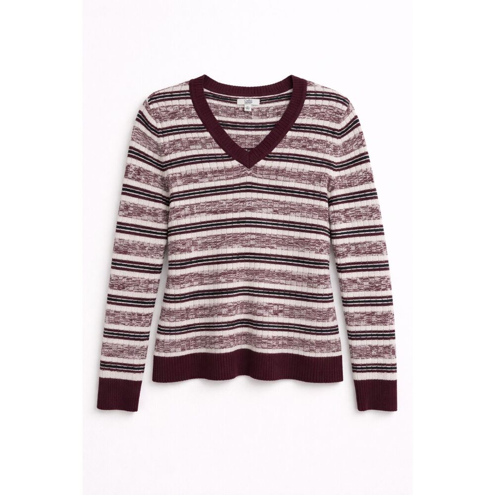 Croft & Barrow PL Cotton Striped Sweater Petite Plum V Neck Knit Pullover